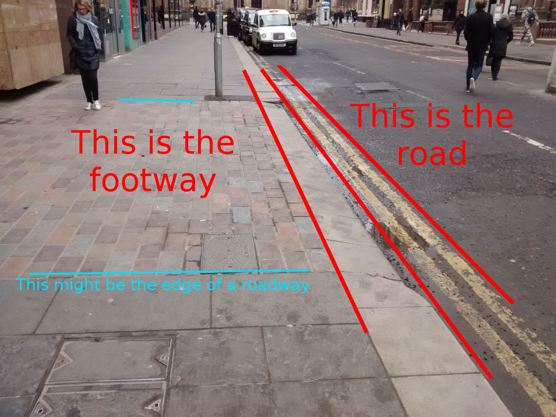 Image shows a photo of a continuous footway in Glasgow with lines drawn on it to emphasise that it works well, but that there are some things that make it look a little like a piece of the road.