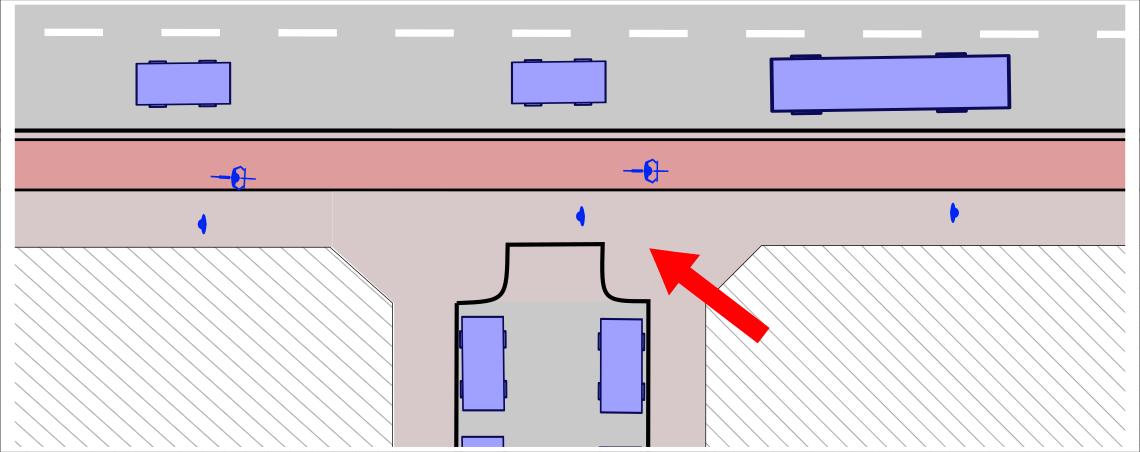 Image shows a plan of a junction between major and minor road with major road footway cutting across minor road entrance.