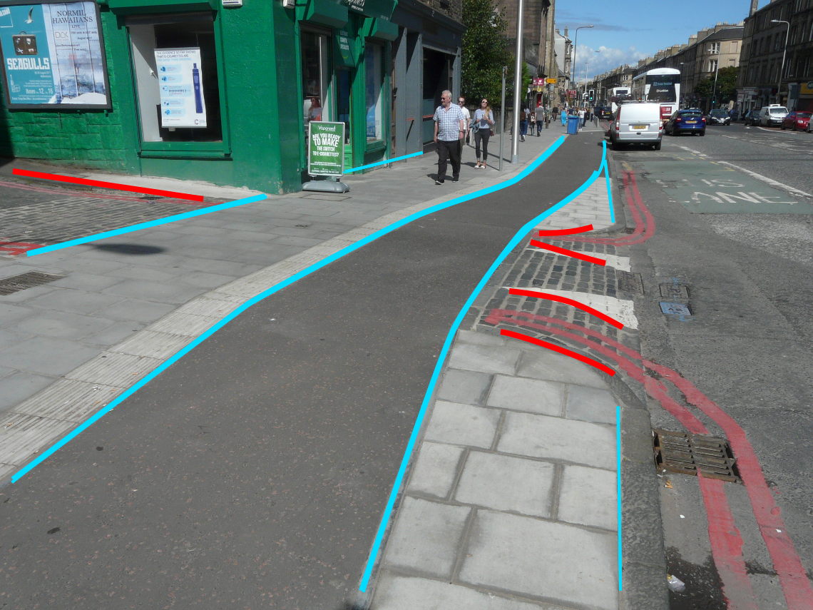 Image shows a contrasting view of the continuous footway, from the perspective of someone on the footway, with lines and words drawn on it to emphasise that people see the continuation of the footway.